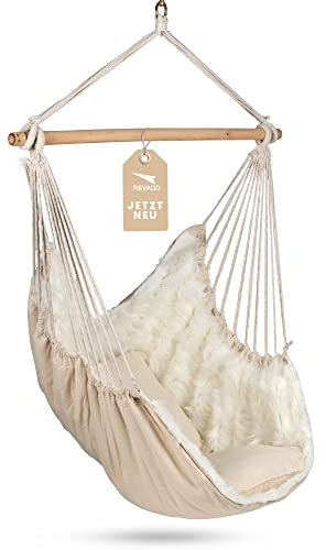 Revado ALM Hängesessel/Hängestuhl mit künstlichen Schaffell/Hängeschaukel zum entspannen mit Kunstfell/Hängeliege für Outdoor und Indoor/Hängesitz für Erwachsene in Farbe Beige