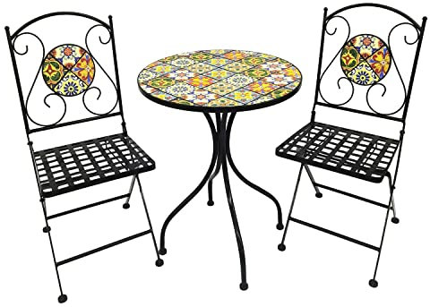 Dekoratives Mosaik Set 3-teilig Sitzgarnitur Sitzgruppe Gartentisch Stühle Gartenmöbel Bistrotisch