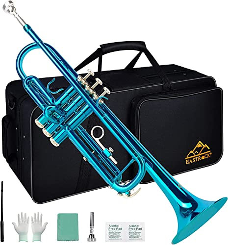EASTROCK Trompeta Sib Estándar de Latón Instrumentos Musicales Boquilla 7C con Estuche para estudiantes principiantes (Azul)