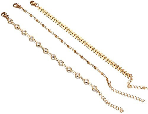 Lot de 3 bracelets de cheville en cristal pour femme Motif feuilles, One size, Cristal