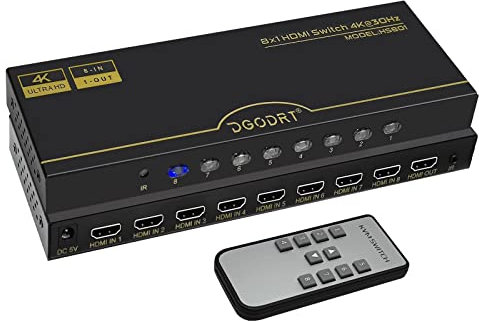 4K 30Hz HDMI Umschalter 8 in 1 Out,8 Port Automatisch HDMI Switcher Mit 5V-Netzkabel + IR-Infrarot-Empfänger,Umschaltung für Xbox,PS4,HDTV,TV Stick,Blu-Ray