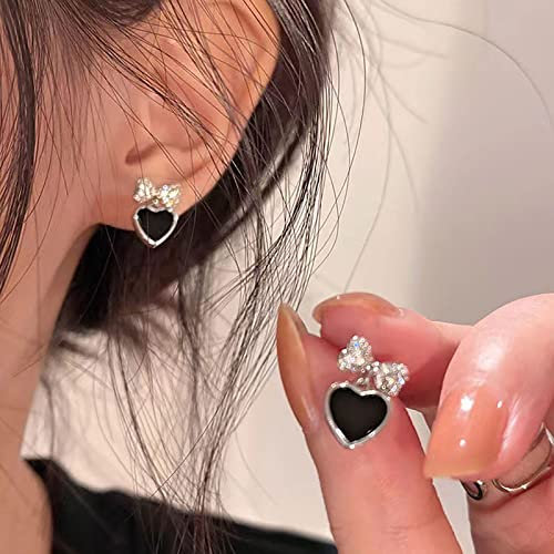 TseenYi Schwarzer Onyx Herz Ohrringe - Silber Schleife Knoten Ohrstecker - Schmuck für Frauen und Mädchen - Liebe Herz Ohrringe - Geschenke