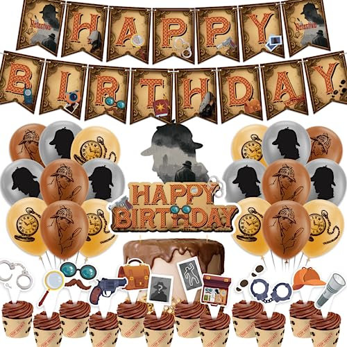 Detektive Geburtstagsdekoration Detektive Party Lieferung inklusive Detektiv Happy Birthday Banner Cake Topper Cupcake Toppers Luftballons für die 20er Jahre Detektive Party Detektiv Geburtstag