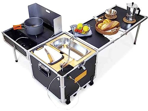 PRUJOY 40L Outdoor Mobile Küche Auto Multifunktionale Küche Box Camping Picknick Herd Klapptisch Tragbare Rad Klapp Herd Tisch