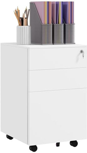 Vinsetto Caisson de bureau sur roulettes, caisson de rangement verrouillable, 3 tiroirs, structure en acier, rangement pour documents et dossiers, design moderne, 37 x 43,5 x 60 cm, blanc