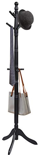 GIANTEX Garderobenständer mit 9 Haken aus Holz, Kleiderständer mit dreibeinigen Sockeln, Gummiholz, höhenverstellbar, stabiler Standgarderobe für Flur, Schlafzimmer (Schwarz)