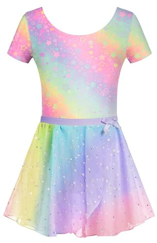 Arshiner Mädchen Ballettanzug Kurzarm Ballettkleid Kinder Ballettkleidung Regenbogen Tanzkleid Turnanzug mit Rock Tütü 130/4-5 Jahre