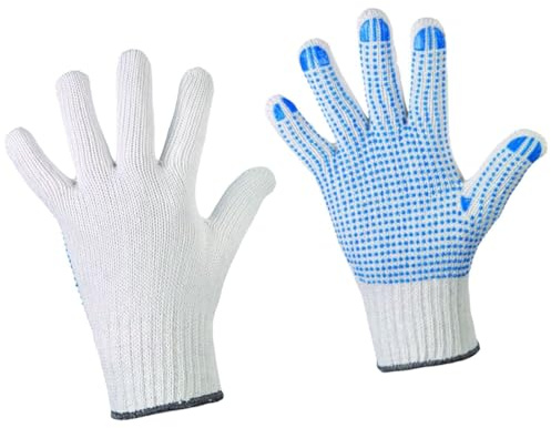 D2D | 12 Paar - Weiße Strickhandschuhe mit Blauen PU-Noppen - Größe: 8 (M) - aus Baumwolle Norm EN 388 - Umzugshandschuhe - Monatgehandschuhe - Rutschfeste Handschuhe