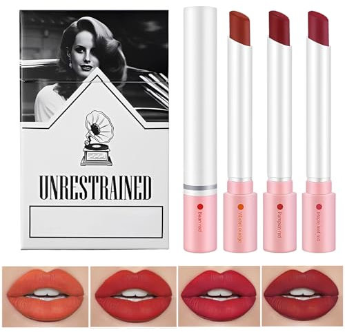 Lana Del Rey Lipstick,Set mit 4 Matten Lippenstiften,Lana Del Rey Lipgloss,Lippenstift Boxen,Hochpigmentierter Samt,Lippenstift-Make-Up-Set Für Mädchen Frauen (Rot, 4pcs)