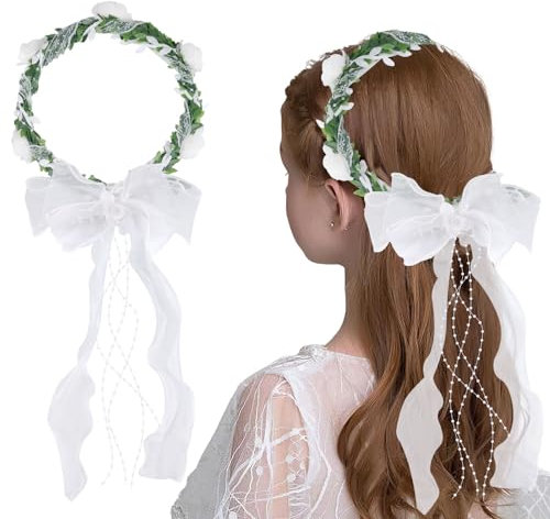 Haarkranz Kommunion Mädchen, Haarband, Stirnband, Kopfschmuck, Haarschmuck Taufe, Blumenkranz mit Blüten Perlen, Blumenmädchen Kopfschmuck, Bänder Kranz für Kommunion Blumenkind Hochzeit Festival