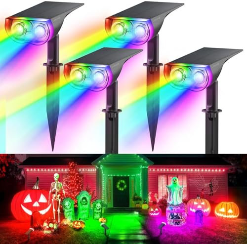 Linkind RGB lámpara solar para exteriores, luz solar de colores con 10 modos de luz,IP67 impermeable Lampara Exterior 2 en 1 de montaje foco solar para Halloween Navidad, 4 piezas