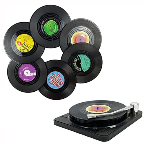 Bar-Untersetzer – Vinyl-Schallplatten- -Untersetzer, Couchtisch, Tassen-Matte, 6 C-D-Getränke-Untersetzer-Set mit Plattenspieler-Halter, M1-Muster, kreatives Epoxid-ABS, schwarzer Becherhalter,