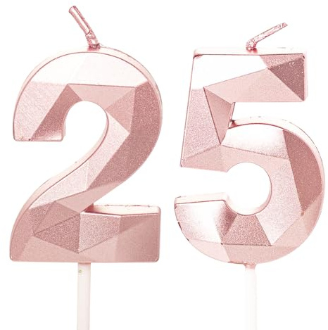 Rose Gold 25th Birthday Candles - Number 25 Candles for Cake Toppers