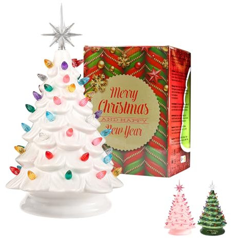 White Ceramic Christmas Tree Decorations 13 Inch Table Decoration Winter Tree Aesthetic Room Home Decor with Star Topper Vintage Christmas Decor Gifts for Family Friends