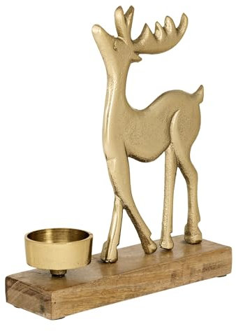 EGLO LIVING Teelichthalter mit Deko Rentier Baliguian, Weihnachtsdeko Fensterbank Wohnzimmer, Tischdeko Weihnachten Hirsch REH, Holz in Natur und Metall in Gold, 18 x 20 cm