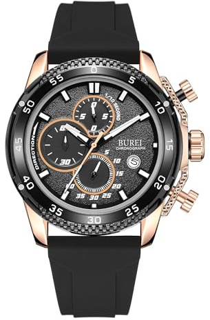BUREI Herren Uhren Chronograph Datum Quarz Armbanduhr Herren Silikon Wasserdicht Sport Casual Klassische Mode Herrenuhr Geschenk für Männer (schwarz Gold)