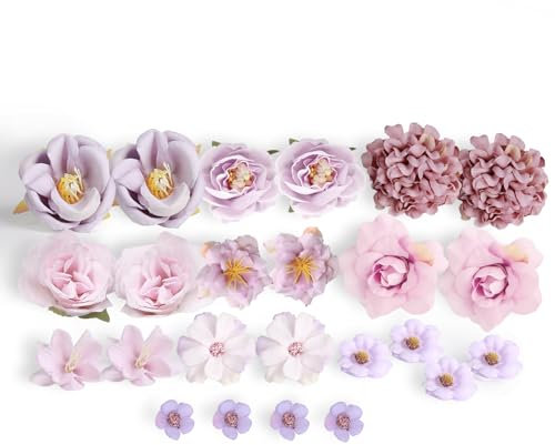 WEFINEST 24 Stück Kunstblumen Zum Basteln Lila, 2~5cm Klein Kunstblumen Köpfe Lila, Seidenblumen Köpfe Mix Künstliche Blumen, Fake Flowers, Deko Blumen Künstlich für DIY Basteln, Hochzeit, Home Party