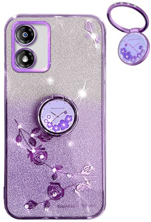 YUECXIN Hülle für Motorola Moto E13 4G mit Glänzende Blumen Ring Ständer, Niedliche Bling Frauen Mädchen Handyhülle, Ultra Dünn Stoßfest Weich TPU Silikon Schutzhülle, Lila