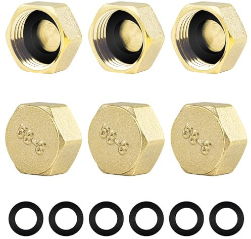 6 Stück Verschlusskappe 1/2'' mit Dichtung,Messing Eckventil Kappe,Messing Stopfen für Spülbecken,Gartenschlauchkappen und -stopfen für Außenhahnkappe,Stopfen für Spülbecken,Rohre, Siphon