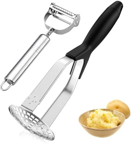 Presse-Purée de Pommes de Terre en Acier Inoxydable,Avec Éplucheur Universel,Presse Puree Manuel Professionnel Robuste, Ecrase Pomme de Terre en Acier Inoxydable, Presse Puree Pomme de Terre et Fruits