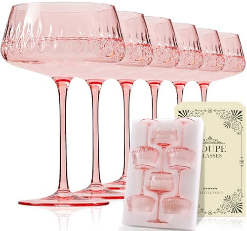 JOVGANK Pink Martini Glasses Set of 6, Hand Blown Colorful Cocktail Glasses 8Oz, Vintage Champagne Coupe Glasses, Large Margarita Glasses, Crystal Retro Style Bar Drinking Glasses, Pink