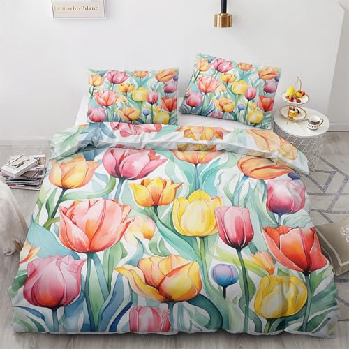 Tulpe Deko - Tulpe Bettwäsche 135x200 Winter, Bunte Blumen Bettbezug 135 x 200 2er Set mit 1 Kissenbezug 80x80, Weiche Mikrofaser Winterbettwäsche mit Reißverschluss D#&218