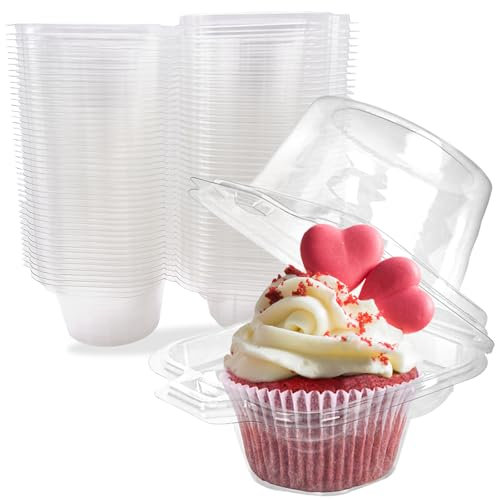Fahibin 50pcs Individual Plastic Cupcake Boxes, High Dome Single Cupcake Holder,Clear Plastic Cake Holder with Lids for Fruit Salad, Biscuits, Muffins