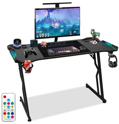 Ollewiellan Gaming Schreibtisch 140 x 60cm, Gaming Tisch mit LED, Stabiler Gamer Tisch, PC Tisch Gaming mit Kohlefaserbeschichtung, Computertisch mit Getränkehalter und Kopfhörerhaken, Schwarz