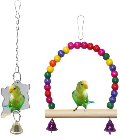 EIHI Juguetes para Loros, Columpio para Loros, Columpio para pájaros de Madera Natural, Juguetes para Masticar y Escalar para pájaros, Lleva un Espejo pequeño, 2 Piezas