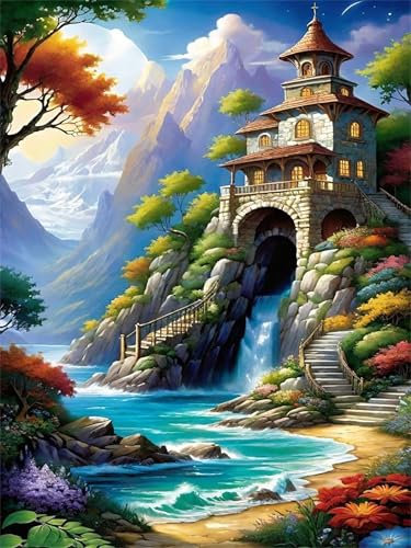 Zuooyi Peinture par Numéro Adulte Cascade de la Citadelle, avec Cadre DIY Peinture Acrylique pour Enfant Débutants, Kit de Peinture à l'huile sur Toile Bricolage pour Décoration Maison 55x70 cm