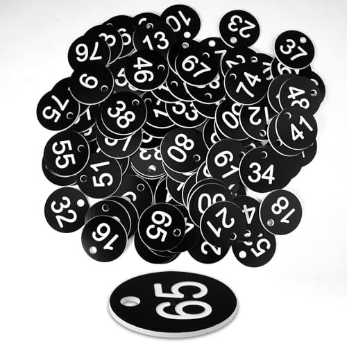 100 Stück Schwarz Nummernschilder aus Kunststoff, 1-100 Gravierte Nummernschilder Nummerierte Tags Wasserdichte Nummeriert Kennzeichnungsmarken mit Loch, für Organisieren und Sortieren