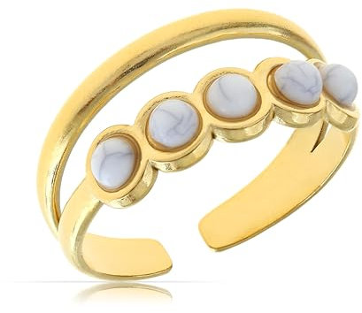 Made by Nami Boho Ring Damen Gold mit Perlen Damen Edelstein Ring Verstellbar aus Chirurgischem Edelstahl Sommer Boho Schmuck Wasserfester Schmuck Geschenk für Sie (Doppel Weiß)