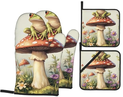 Ofenhandschuhe und Topflappen mit Aquarell-Frosch-Pilz-Motiv, 4 Stück, Küchenofenhandschuh mit Topflappen, rutschfeste Handschuhe, hitzebeständig bis 500 Grad, zum Grillen, Backen, Kochen, Ofen, Mikro