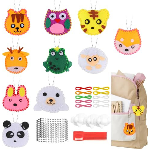 Tikplus 10 Stück Nähset Kinder, DIY Nähset Kinder Tierformen, Filztiere Nähspass Mit Schlüsselanhänger, Tierformen Filz Bastelset, Tiere Nähen Bastelset, mit Gefüllte Watte, für DIY Schlüsselanhänger
