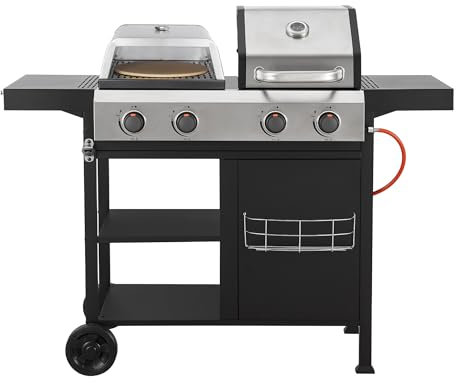 Woodland Grill 3-in-1 Gas BBQ with Pizza Oven, Hot Plate and Barbecue Grill - Stainless Steel, 4 Burner, Built-in Thermometer, Foldable Shelves, Rubber Wheels, Tool Hooks, Storage Basket