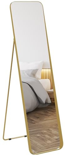 HOMCOM Miroir sur Pied arqué 40 x 160 cm, Grand Miroir avec Coins incurvés, Montage au Sol ou appuyé Contre Le Mur, pour Chambre à Coucher Salon et Dressing, doré