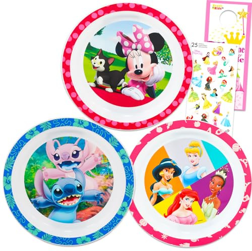 Disney Service de table pour filles – Lot de 3 accessoires de cuisine avec couture, princesse, Minnie Mouse et autocollants, plus | Assiettes Disney pour filles, enfants, tout-petits