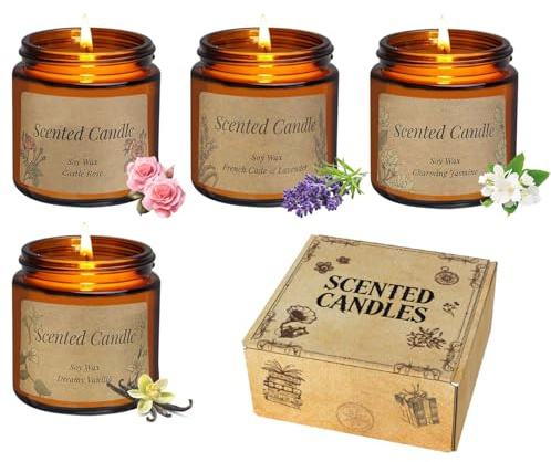 ePicsoa 4 Pack Duftkerze im Glas, Duftkerzen Geschenke für Frauen, Duft Kerzen Set aus Natürlichem Sojawachs, Lavendel/Rose/Jasmin/Vanille, Kleine Geschenke für Weihnachten, Geburtstag, Muttertag
