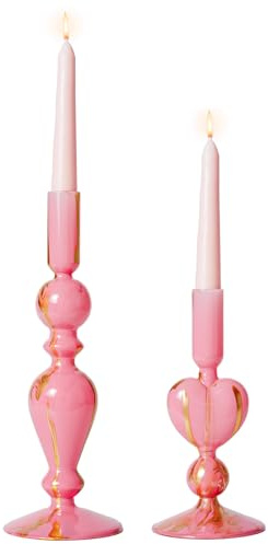 DN DECONATION Herzförmige Kerzenhalter aus Glas - 2er Set in Rosa & Gold, Romantische Kerzenständer für Valentinstag & Hochzeit, Elegante Tischdeko & Einweihungsgeschenk, stabkerzenhalter