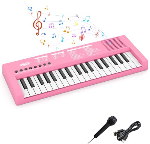 COSTWAY Piano Infantil de 37 Teclas con Micrófono, Órgano Electrónico para Niños con 8 Ritmos, 8 Tonos y 22 Demos, Instrumentos Musicales Infantiles de Teclado, Juguete Piano para 3+ Años (Rosa)