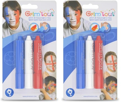 GRIM'TOUT Kit Maquillage Enfant - Bleu, Blanc, Rouge - 3 Grimsticks Spécial Sport - Crayons de Couleurs, Maquillage à l’Eau - Faciles à Appliquer et Nettoyer - Makeup Sur Pour la Peau - Normes CE