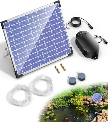 Biling Aérateur de Bassin Solaire 15W avec 4400mAh Batterie, Pompe à Air Solaire Double Sortie Fonctionne Jour et Nuit, Oxygénateur Étanche IPX5 pour Étang de Jardin, Aquarium, Bassin à Poissons