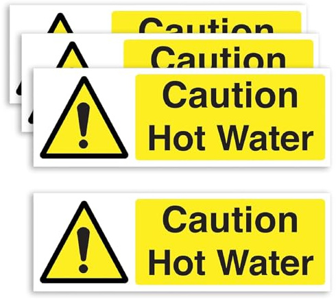 4 Pcs 150 x 50 mm Caution Hot Water Stickers for Sinks Taps and Bathrooms | Yellow Black Waterproof Durable Protector Tag Warning Label Kitchen Sink Tap Bathroom Home Office Decal