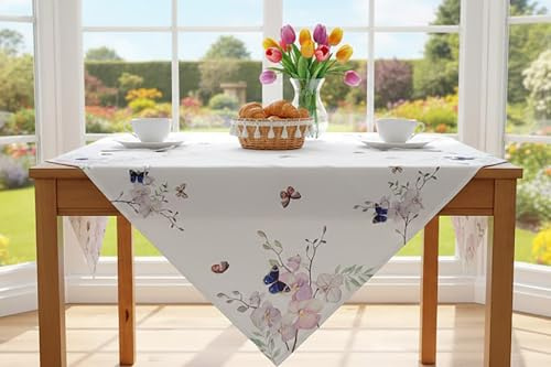 KAMACA Tischdecke Mitteldecke 80x80 cm mit Orchideen & Schmetterlinge – Elegantes florales Design für Frühling & Sommer, Pflegeleichte Polyester-Tischdecke für Esszimmer, Balkon & Garten