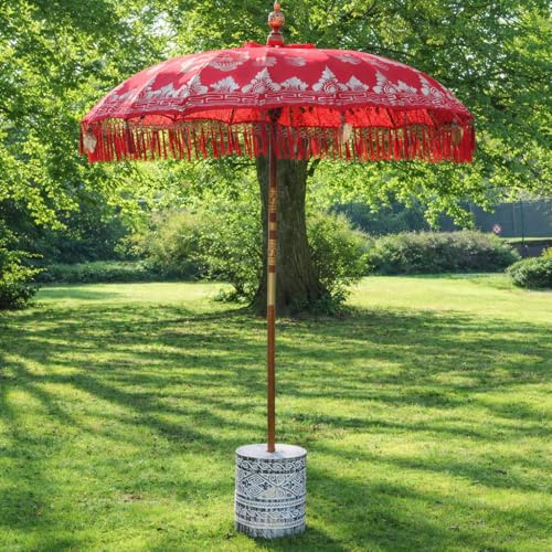 Oriental Galerie Sonnenschirm Bali Schirm 180 cm Rot, Gold Bemalung Fransen, Gartenschirm Baumwolle Sonnenschutz Handarbeit Dekoschirm Model Rubin