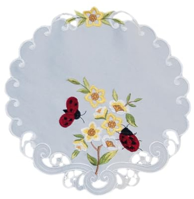 texpot Tischdecke 30 cm rund Stickerei Marienkäfer Blumen Sommer Frühling Tischtuch