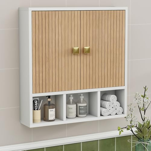 UYIHOME Armario colgante para baño, armario de baño colgante, botiquín, armario de medicamentos, armario de madera de dos puertas para baño, armario de baño con estantes ajustables y compartimentos