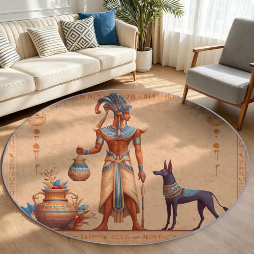 Teppich Rund Exotische Mythologie Rutschfest Waschbar Schlafzimmer Teppiche, Spielteppich Ägyptischer Pharao Hund Anubis Pflegeleicht Kurzflor Teppich für Wohnzimmer Kinderzimmer Büro 90 cm, Gelb