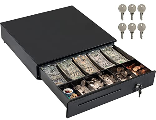 Volcora Kassenschublade für Point of Sale (POS) -System mit abnehmbarer Münztableau, 5 Bill / 6-Stück, 24V, RJ11 / RJ12-Key-Lock, Medien Slot, 5 Bill 6 Münze Schwarz