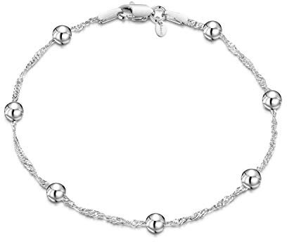 Amberta Bracciale da Donna in Argento Sterling 925 Lunghezza 18 cm: Maglia Singapore con Perline 1.4/4 mm
